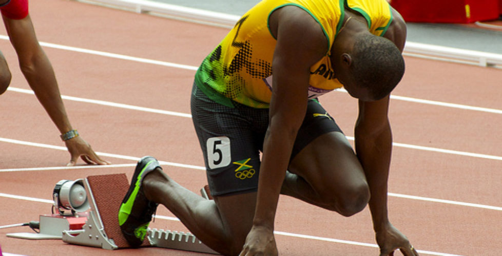 Usain Bolt on the starting blocks